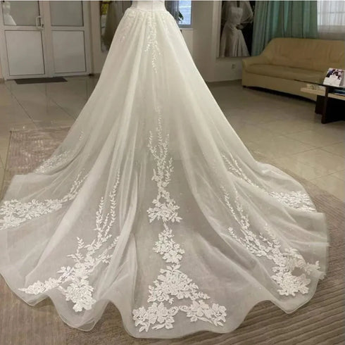 Detachable Lace Overskirt Beaded With Glitter Appliques For Wedding Dress Court Train
