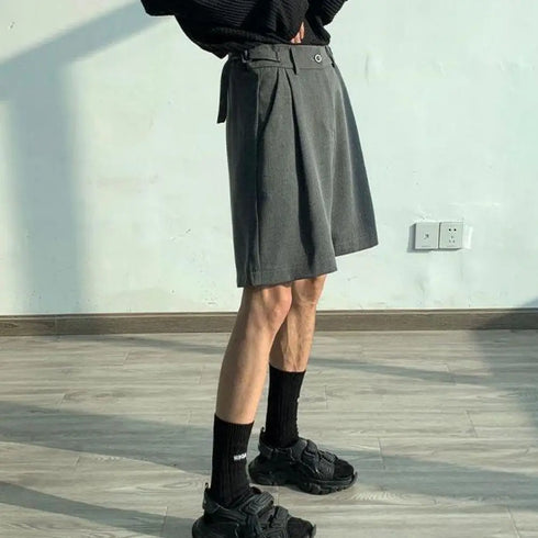 Fashion Casual Shorts Men Summer Korean Chic Wide Leg Trousers Male Knee-length Sashes Draped Loose Retro High Street Style