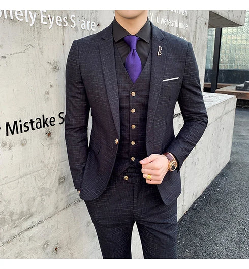 Slim Fit Men's Three Piece Suit with Vest and Trousers for Wedding