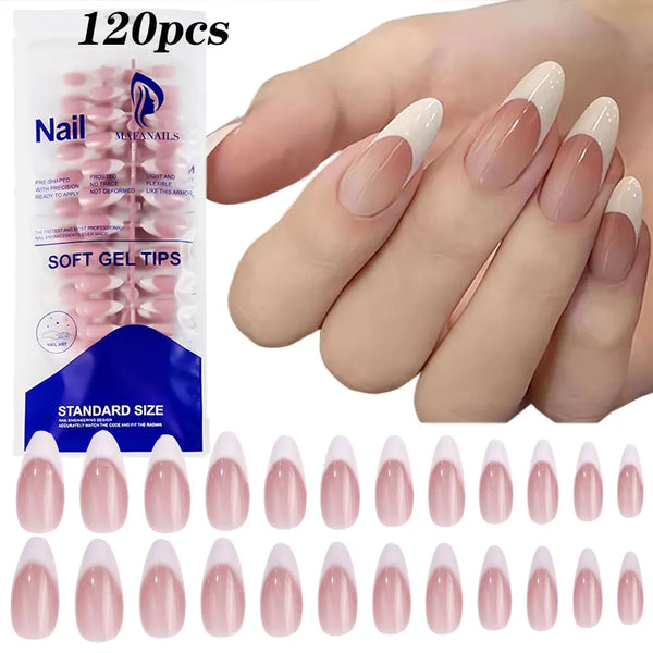 120pcs Medium Almond French Press On Nails with Gradient Design - Full Cover Acrylic Gel Fake Nails Tips for Elegant Nail Art