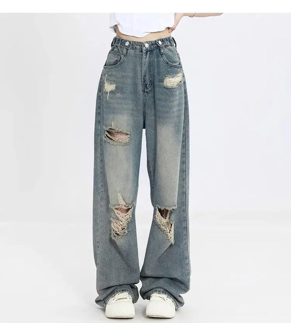 Distressed High Waist Jeans For Women - Loose Fit Ripped Denim, Baggy Streetwear Pants