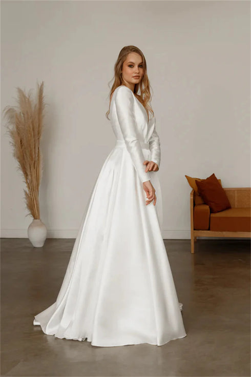 Satin A-Line Long Sleeve Wedding Dress With V-Neck And Lace Up Back, Custom Made Bridal Gown