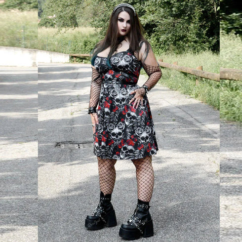 Plus Size Gothic Printed Sleeveless Dress for Women with Skull Rose Graphic