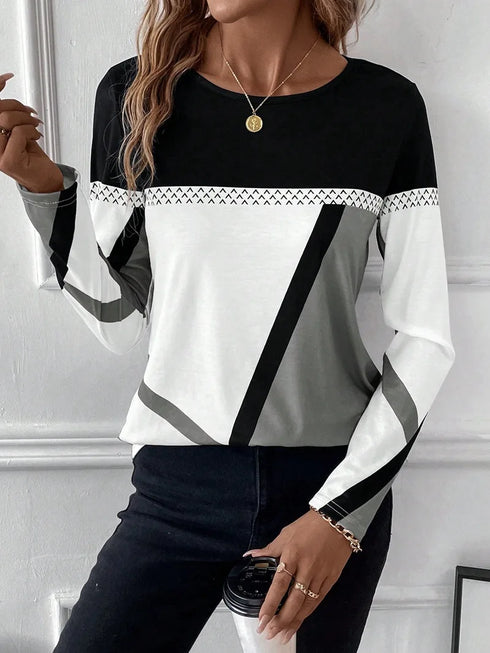 Casual Women's Geometric Print Long Sleeve T-Shirt Loose Fit O-Neck Tee