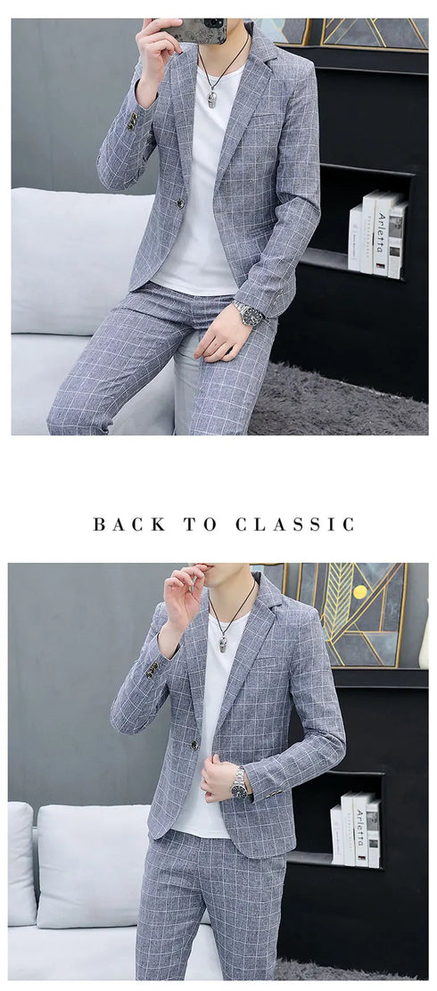 Korean Slim Fit Two-Piece Suit Set for Men Casual Trendy British Style Coat and Trousers