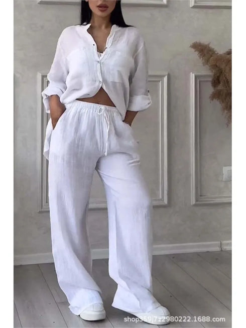 Chic Casual Women's Two Piece Set: Long Sleeve Pocket Shirt and Wide Leg Pants for Effortless Spring/Summer Style - Perfect Summer Outfits Inspo for the Modern Office Lady