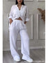 Chic Casual Women's Two Piece Set: Long Sleeve Pocket Shirt and Wide Leg Pants for Effortless Spring/Summer Style - Perfect Summer Outfits Inspo for the Modern Office Lady