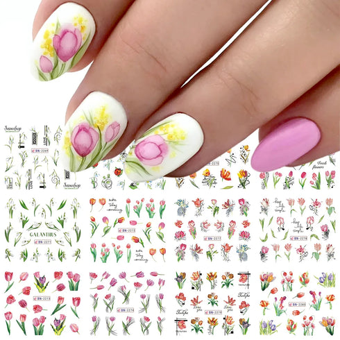 12 Floral Patterns Summer Nail Water Decals - Daffodils, Lilies, and Tulips for Stunning Nail Art Transfers and DIY Manicure Accessories