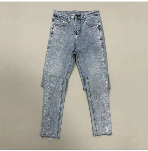 Fashion Rhinestone Jeans Female High Waist Slim Pencil Pants