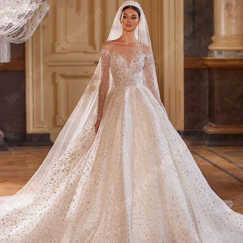 Elegant Sequin A-Line Bridal Gown with Long Sleeves and V-Neck Design