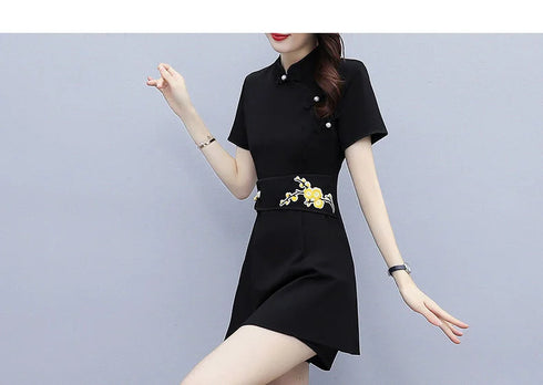 Women's Suit Chinese Style Outfits Matching Crop Top Shorts Two Piece Sets Summer Retro Cheongsam Lady Clothes