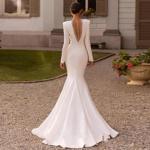 Simple Satin Wedding Dresses Elegant Bridal Gowns Deep V-Neck Backless Floor Length