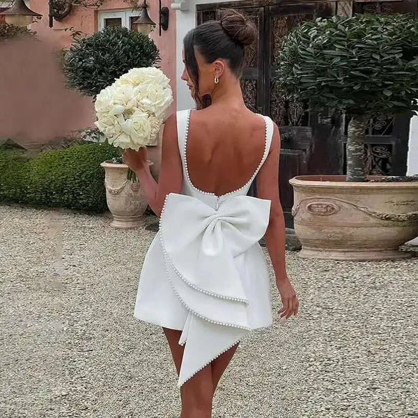 Bow Pearl Backless Mini Dress for Women Elegant Waist Wrap A-Line Party Dress