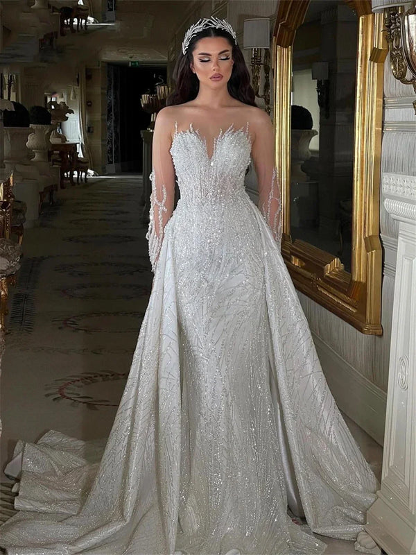 Customized Sheer Neck Beading Mermaid Wedding Dress Illusion Long Sleeve Luxury Bridal Gown