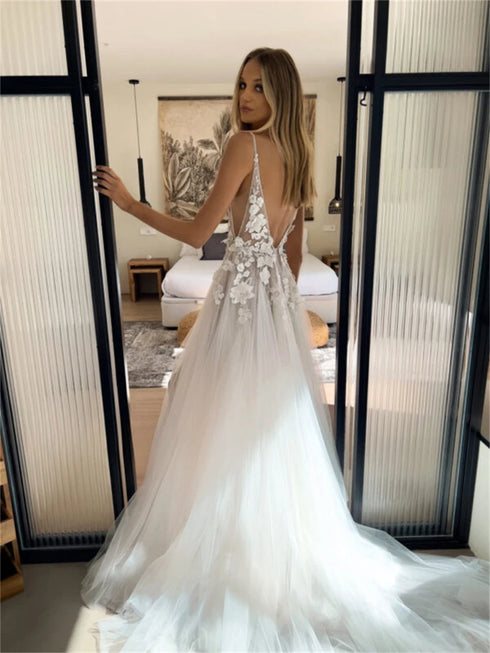 Sexy V-neck Wedding Dress Spaghetti Straps Boho A-line Gown