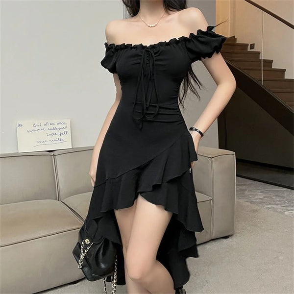 Korean Fashion Black Slash Neck Dresses for Women Evening Party