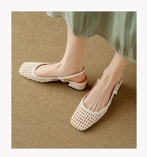 Woven Square Toe Mid Heel Sandals For Women Stylish