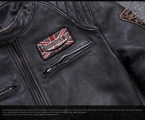 Vintage Genuine Leather Biker Jacket for Men – Slim Fit Cowhide Motorcycle Outerwear with Pockets and Embroidery Details for All Seasons