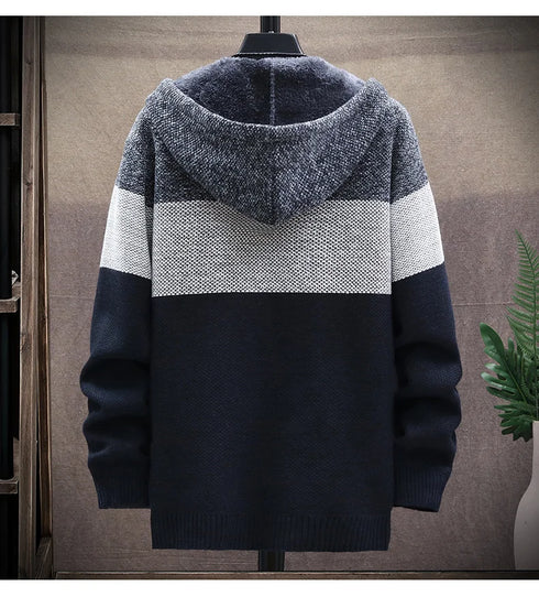 Men's Fleece Knit Sweater Coat with Stripes - Stylish Casual Jackets and Hoodies for Winter and Autumn, Thick Warm Windbreaker Pullovers for Everyday Wear