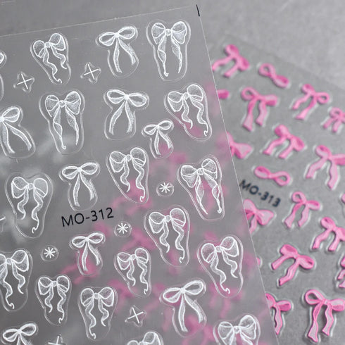 5D Embossed Nail Art Stickers - Semi-Transparent White Bowknots Adhesive Sliders for Creative Manicure Decorations and Nail Art Accessories