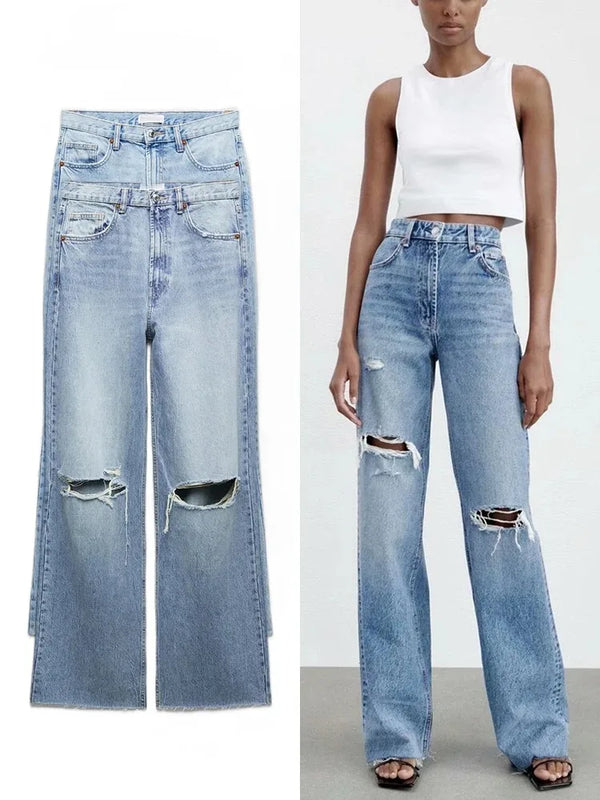 Fashionable Women's Wide Leg Jeans with Hole Decoration - Stylish High-Waisted Trousers for All Season Outfits and Versatile Looks