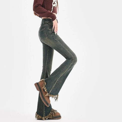 Ripped High Waist Flared Jeans For Women Retro Denim Trousers Casual Street Style Classic Fit