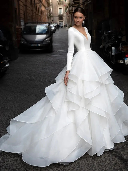 Gorgeous Wedding Dresses V-Neck Backless Long Sleeve Gowns