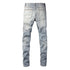 Men's Ripped Denim Jeans with Leather Patches - Stylish Streetwear High Stretch Skinny Trousers