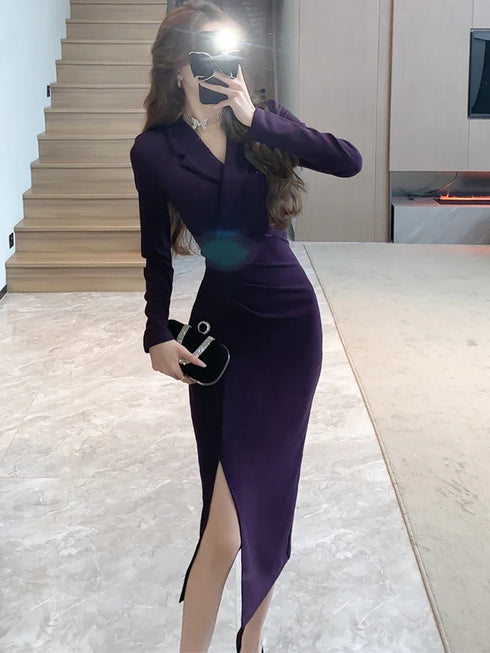 Purpled Elegant Pleated Bodycon Suit Dress for Women Chic Formal Dress
