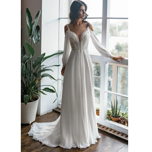 Customized Deep V Neck Straight Wedding Dresses Chiffon Gown
