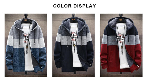 Men's Fleece Knit Sweater Coat with Stripes - Stylish Casual Jackets and Hoodies for Winter and Autumn, Thick Warm Windbreaker Pullovers for Everyday Wear