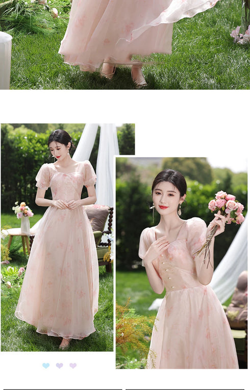 Off Shoulder Bridesmaid Dress Elegant Bubble Sleeve Floral Print Aline Gown For Party