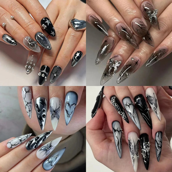 Punk Style Black Flame Love Heart Press On Nails with Butterfly and Star Charms - Long Pointed False Nail Art for Y2K Manicure and Parties