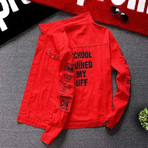 Men's Slim Fit Ripped Denim Jacket with Print for Hip Hop Style - Trendy Outerwear for Dance and Casual Wear