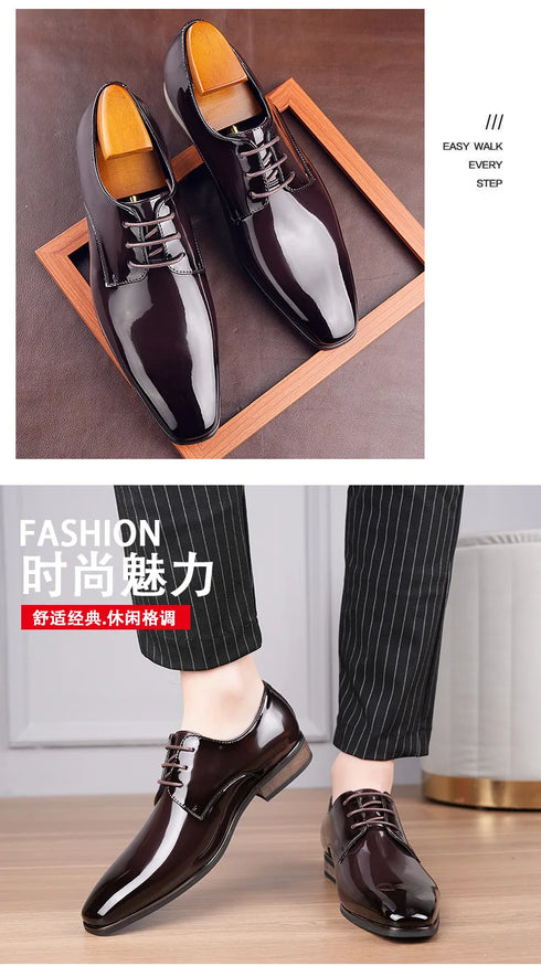 Luxury Designer Men's Oxfords - Lace-Up Patent Leather Pointed Dress Shoes for Formal Occasions and Business Events