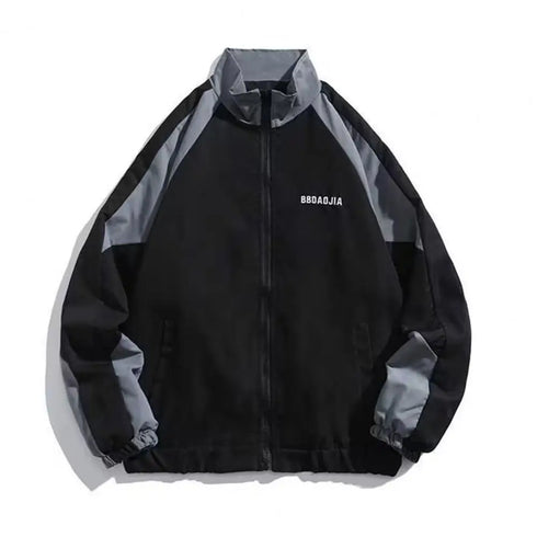 Men's Stand Collar Long Sleeve Windbreaker Jacket - Casual Spring Sports Outerwear with Color Block Design and Front Pockets