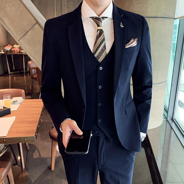 Men's Three-Piece Suit Set Casual Business Wedding Outfit Stylish Combination with Vest and Trousers