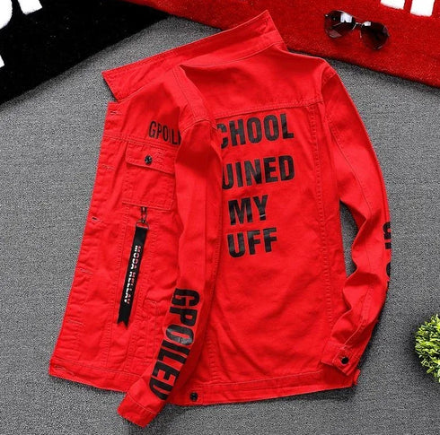 Men's Slim Fit Ripped Denim Jacket with Print for Hip Hop Style - Trendy Outerwear for Dance and Casual Wear