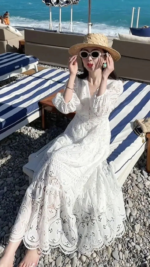Elegant Embroidery White Lace Long Dress for Women Evening Occasion