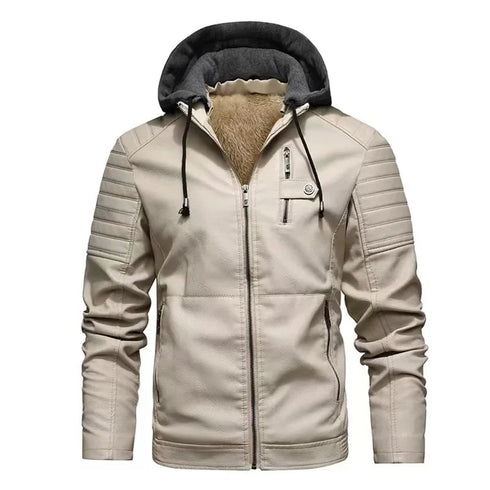 Men's Cozy Thickened Fleece Lined Winterproof Leather Jacket with Hood - Durable Casual Outerwear for Ultimate Warmth and Style