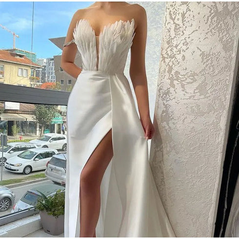 White Angel Feather Dress Luxury Design Women's Off Shoulder Elegant Long Dress for Parties and Weddings