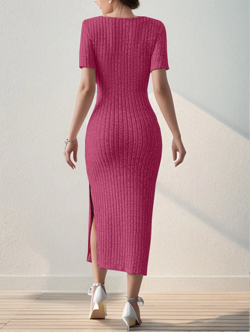 Versatile Summer Slit Dress with Square Neck and Hip-Hugging Skirt