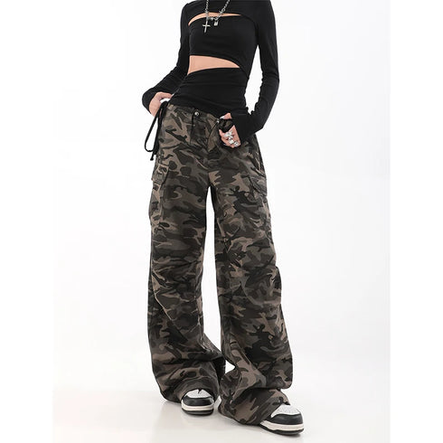 Casual Wide Leg Pants for Women - Y2K Hip-Hop Cargo Overalls with Camouflage Design, Perfect for Fall Outfits and Grunge Style Inspiration