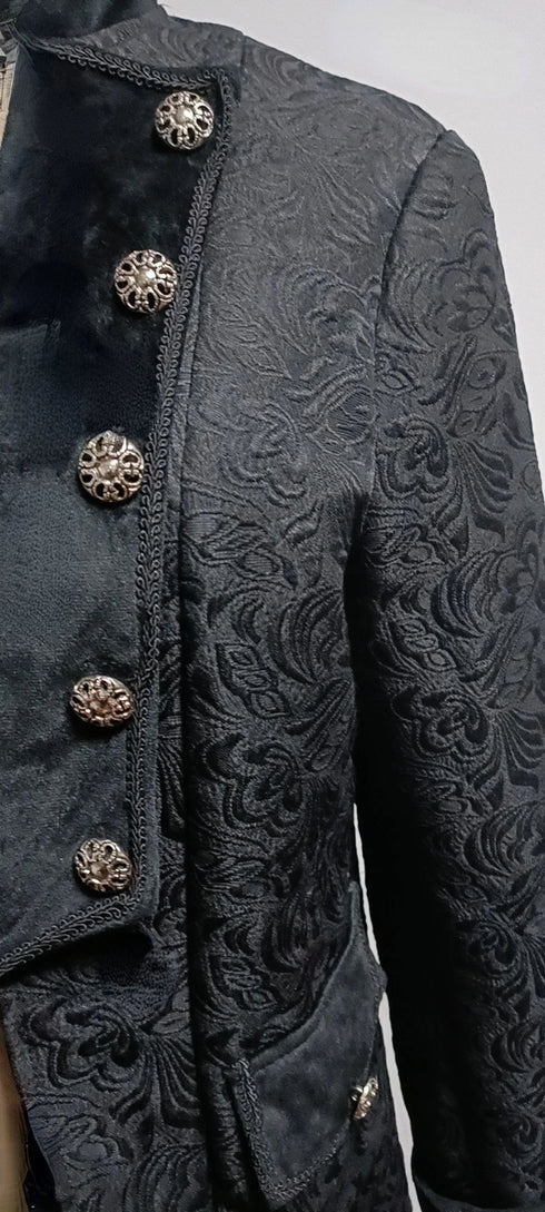 Gothic Men's Steampunk Vintage Prince Tuxedo Windbreaker Coat for Medieval Renaissance Role-Playing and Partys – Exquisite Victorian Edwardian Jacket with Floral Appliques and Turtleneck Design
