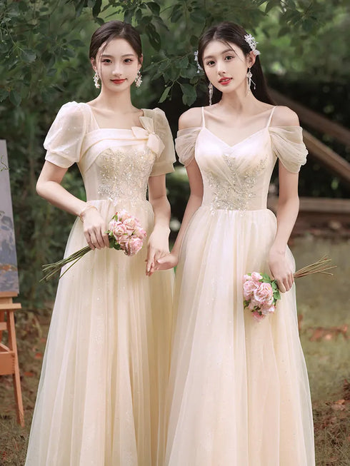 Bridesmaid Dress With Square Neck And Bow Ankle Length Organza With Floral Appliques Bridal Gown Style