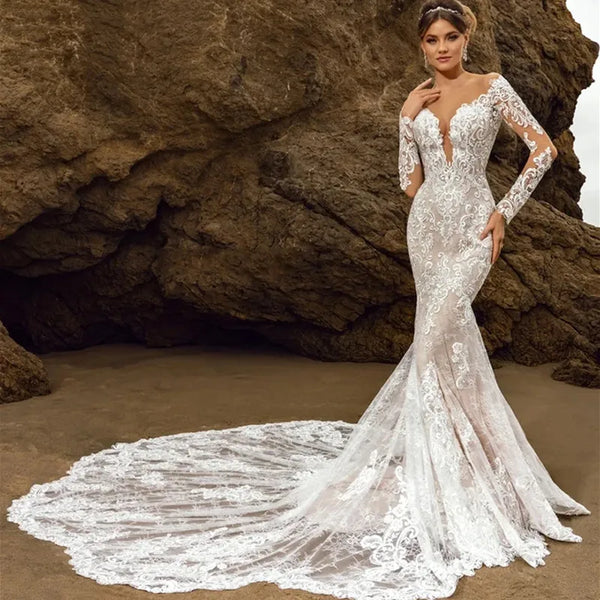 Customized Mermaid Long Sleeve Wedding Dress with Lace Appliques and Deep V-Neck Design
