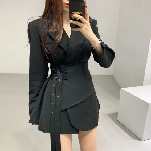 Premium Spring Double Belt Suit Coat for Women - Slimming A-Line Short Dress