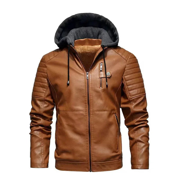 Men's Cozy Thickened Fleece Lined Winterproof Leather Jacket with Hood - Durable Casual Outerwear for Ultimate Warmth and Style