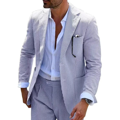 Summer Stripe Men Suit 2 Piece Seersucker Notched Lapel Jacket Pants Casual Blazer Slim Fit