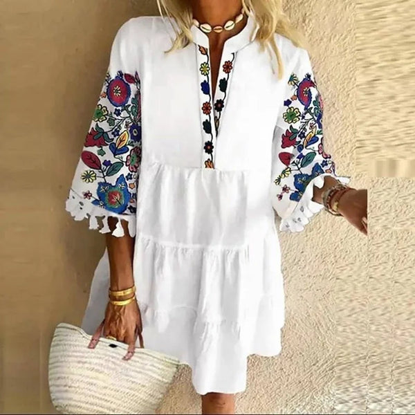 Bohemian Floral Printed Beach Dress Women Ruffle Sleeve Sundress